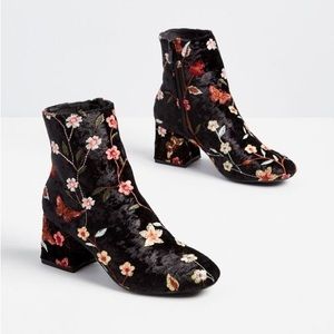 Floral embroidered velvet modcloth ankle boots
